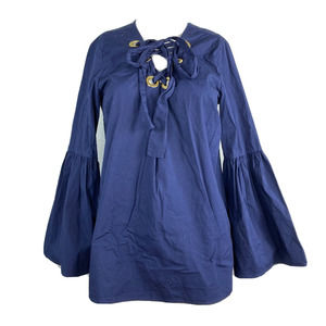 Michael Kors Shirt Womens Sz M Navy Blue Laced Front Bell Sleeve Peasant Blouse‎